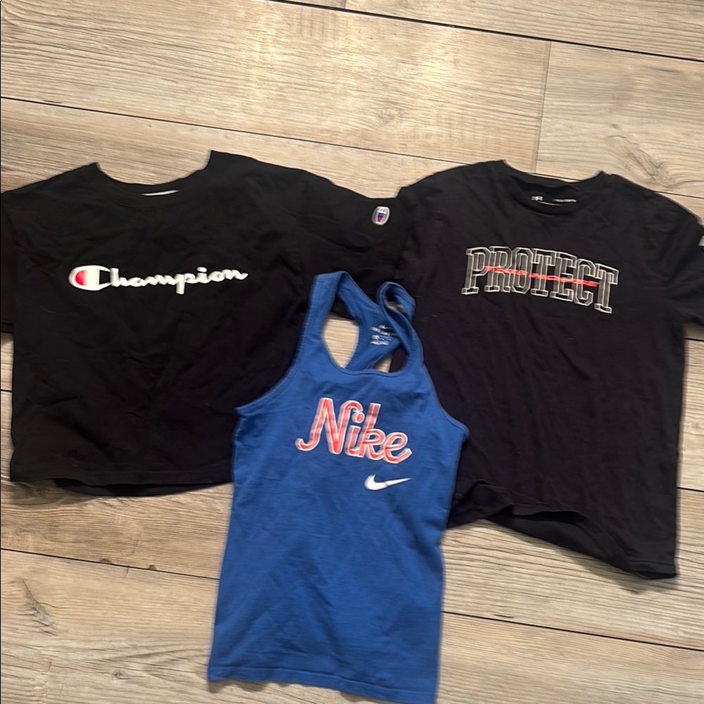 Champion and Nike Kids Black and Blue Shirts Set Lot Girls 10-12 Like New